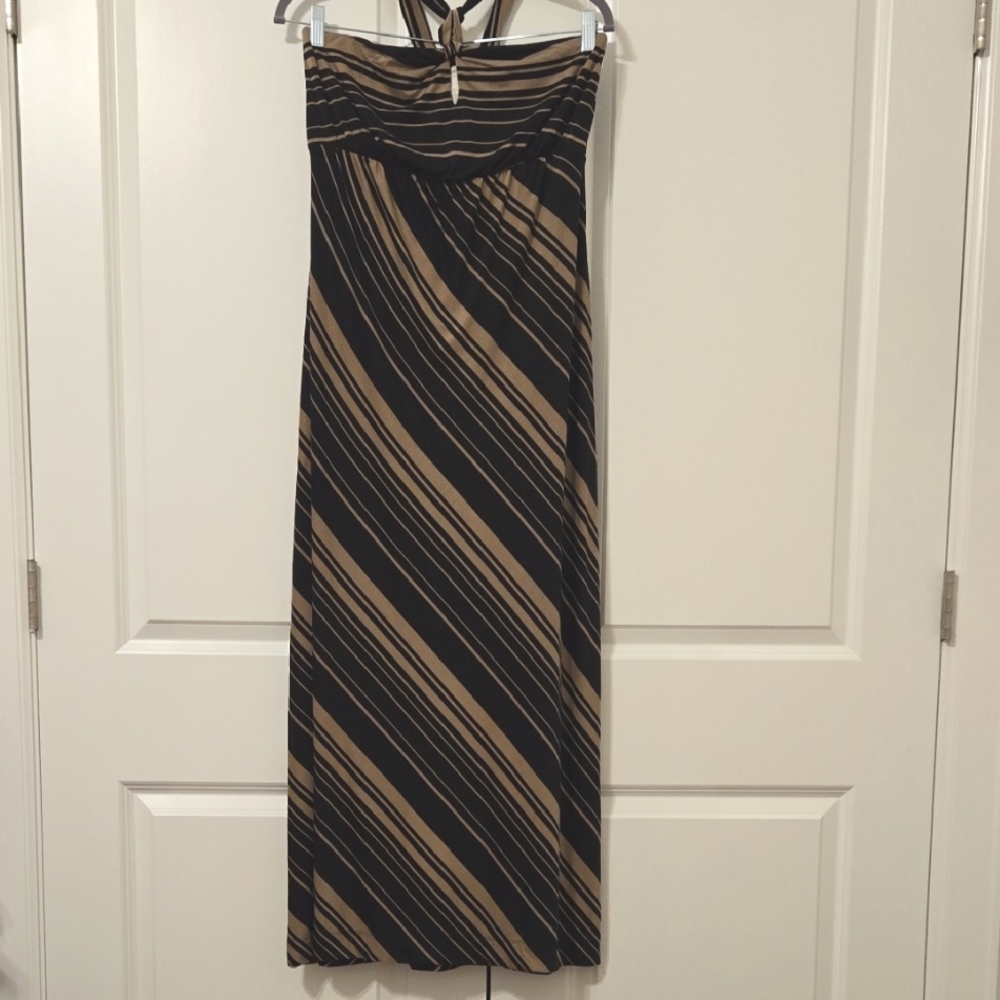 Soma Black and Brown Striped Strapless / Halter Maxi Dress